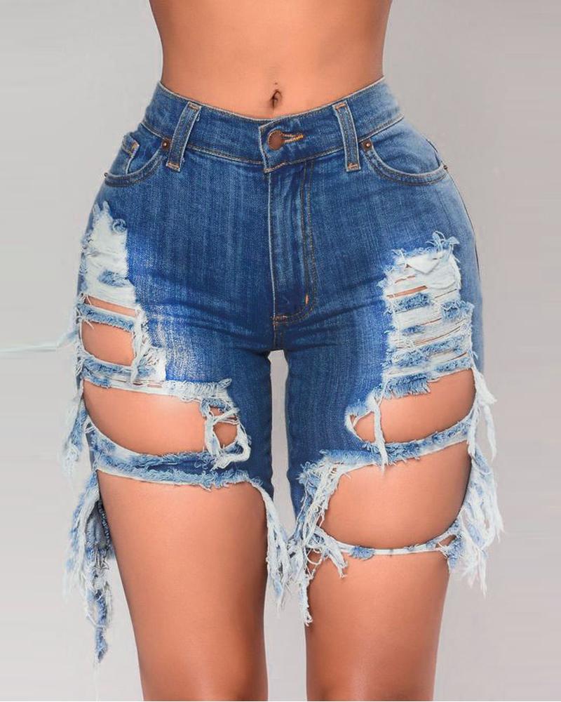 

Zip Fly Cutout Ripped Raw Hem Denim Shorts, Dark blue