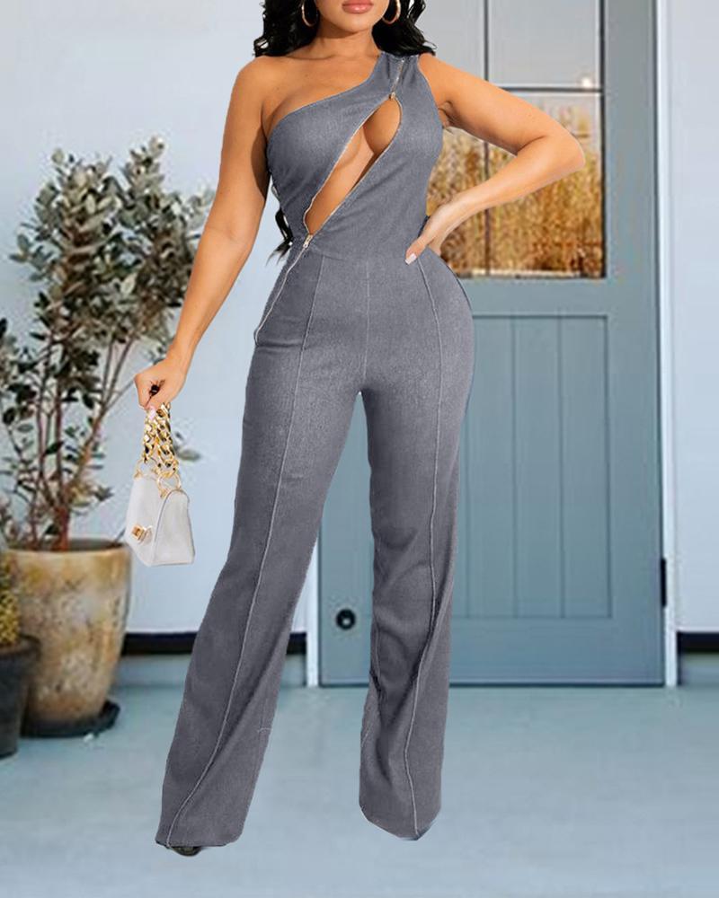 

One Shoulder Zip Front Cutout Denim Jumpsuit, Gray