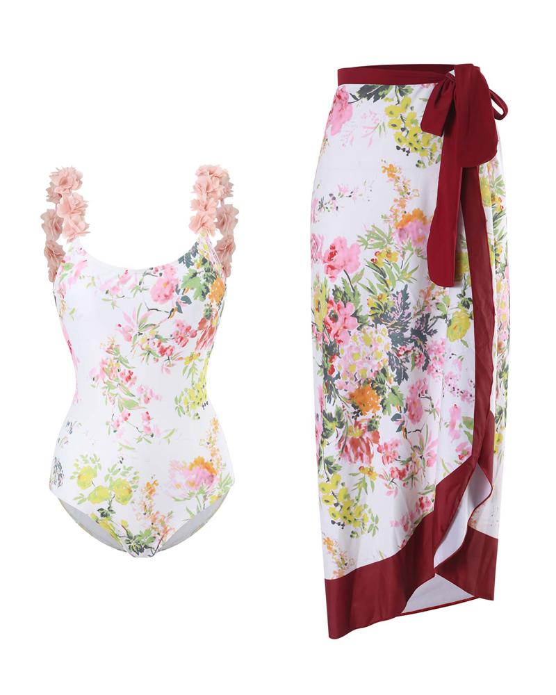 

Floral Print One-Piece Swimsuit With Cover Up, Pink