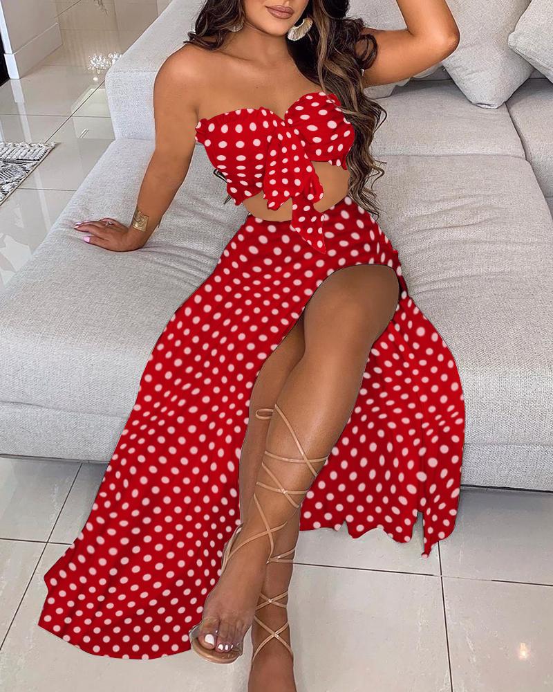 

Polkadot Print Bandeau Knotted Top & High Slit Maxi Skirt Set, Red