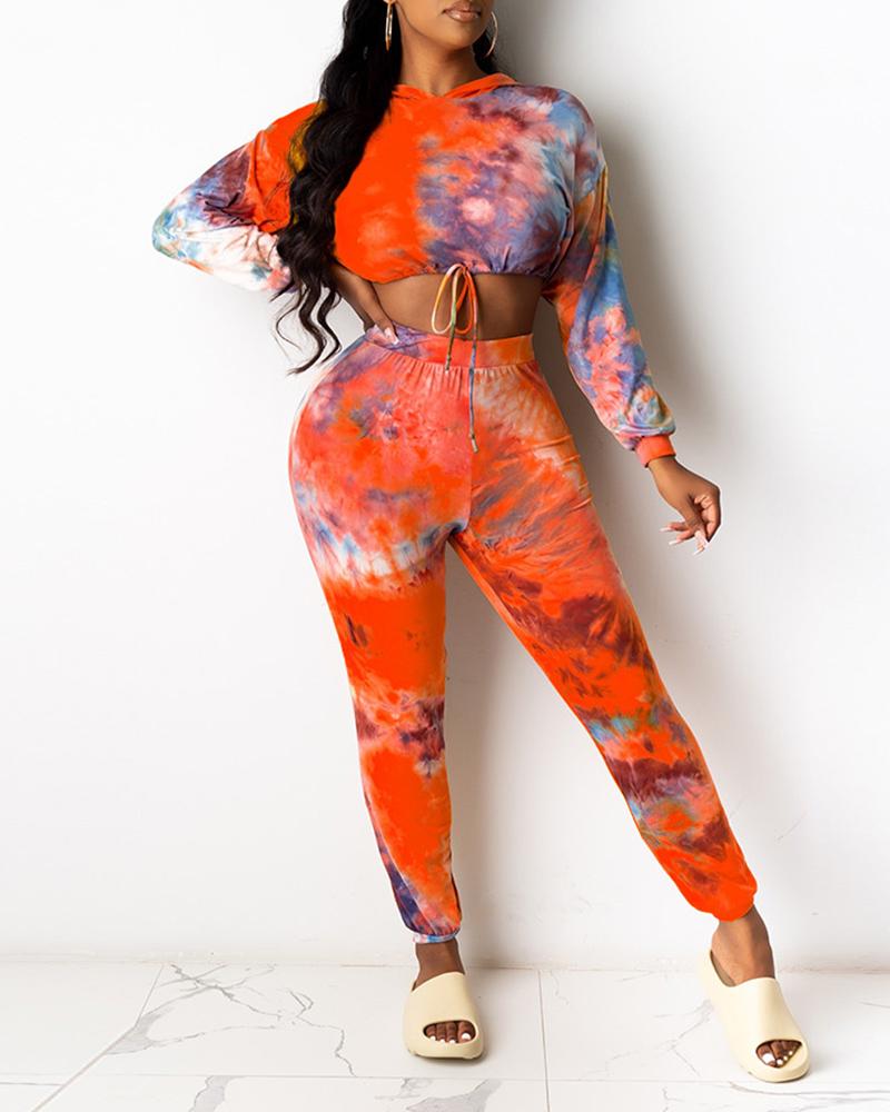 

Tie Dye Print Hooded Top & High Waist Pants Set, Red