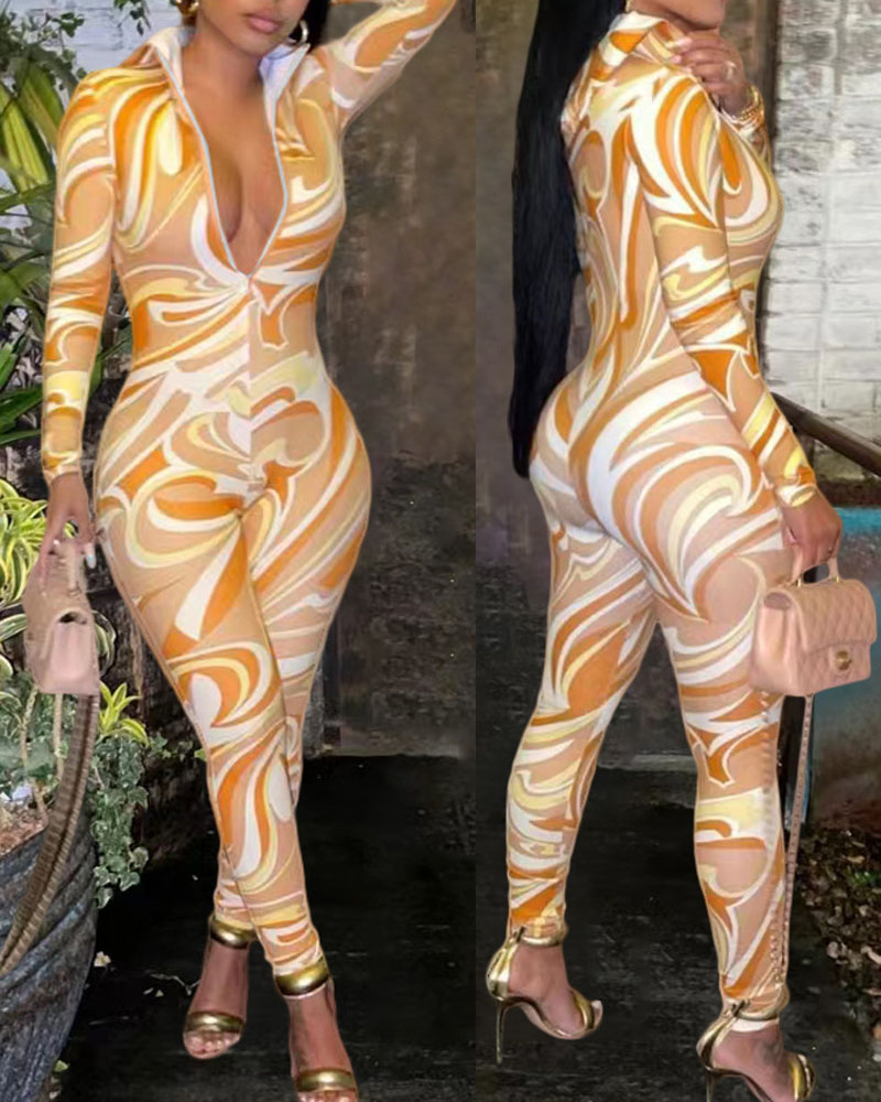 

Marble Print Zip Front Hooded Jumpsuit, Yellow