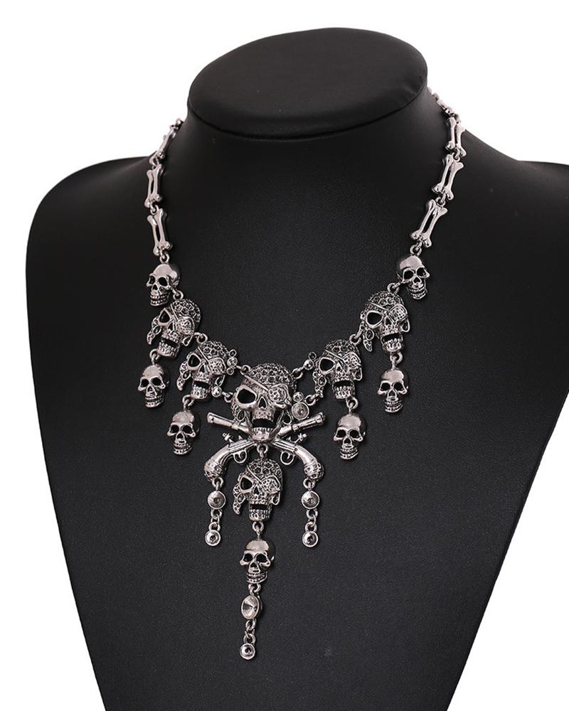 

Halloween Multi-Level Pirate Skull Tassel Charm Necklace, Silver