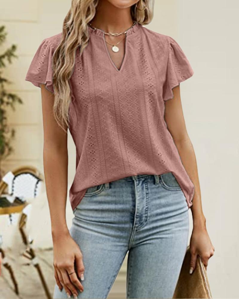 

Hollow Out Frill Hem V-Cut Top, Pink