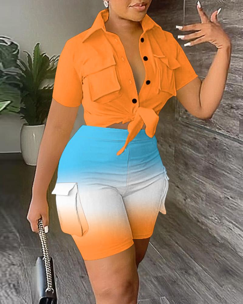 

Buttoned Pocket Design Top & Ombre Shorts Set, Orange