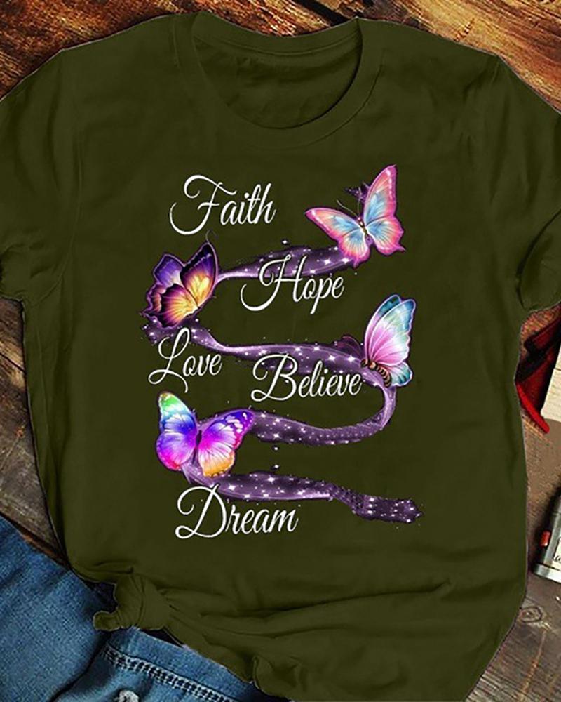 

Letter Butterfly Print Short Sleeve T-shirt, Green