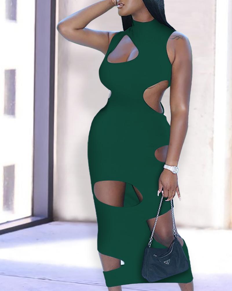 

Solid Slim Cut-out Midi Dress, Green