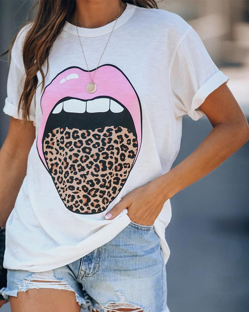 

Lip Leopard Print Short Sleeve T-shirt, White