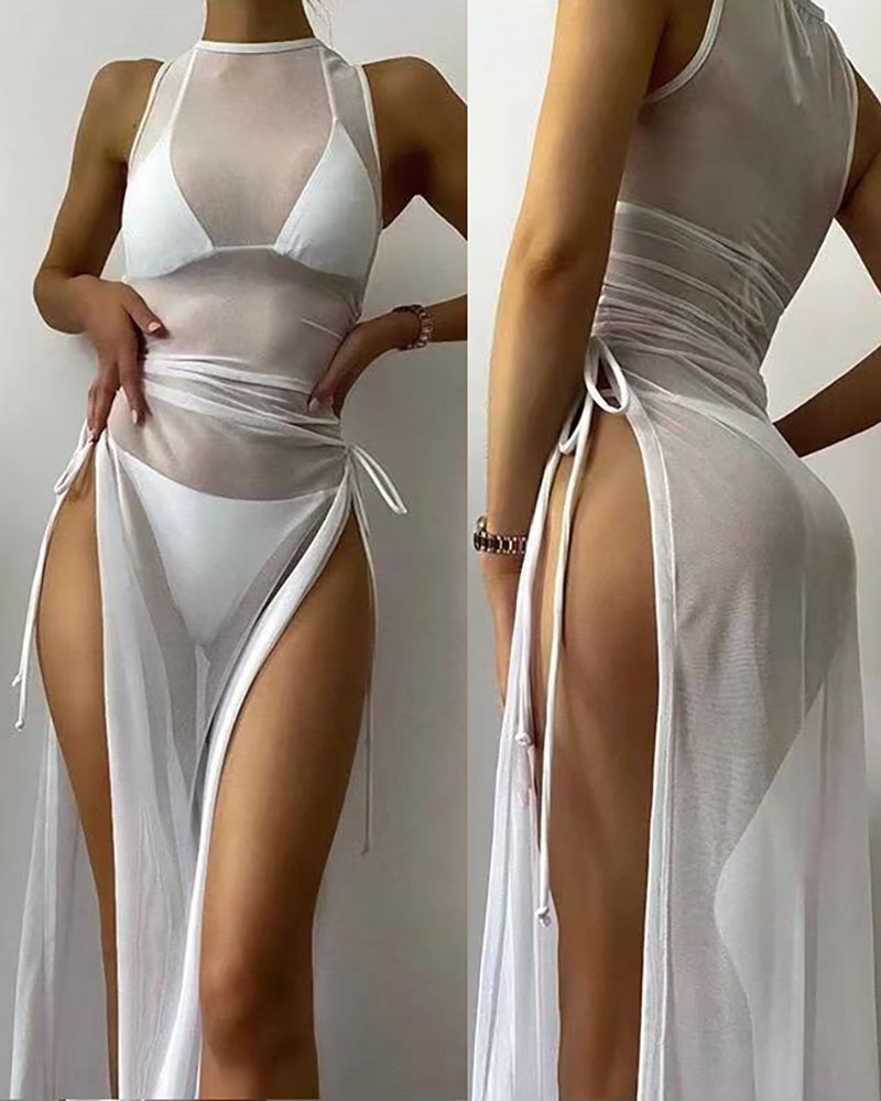 

O Neck Tied Detail Slit Cover Up With Belt, White
