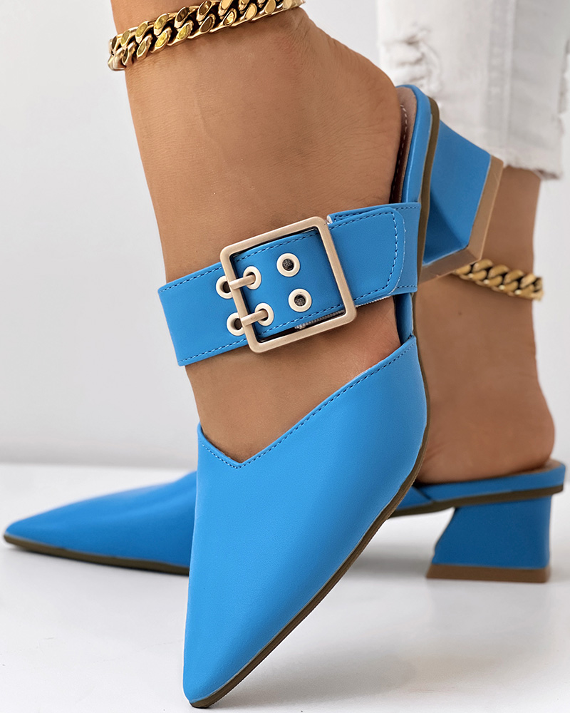 

Buckled Point Toe Chunky Heel Mules, Blue