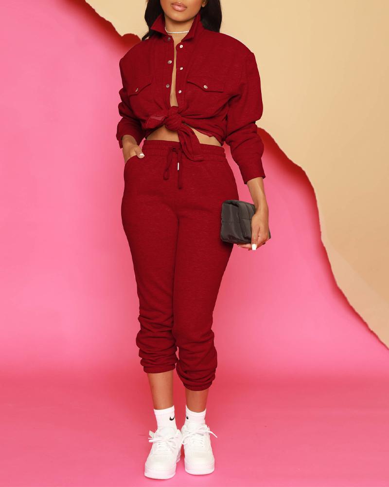 

Long Sleeve Buttoned Top & Drawstring Pants Set, Red