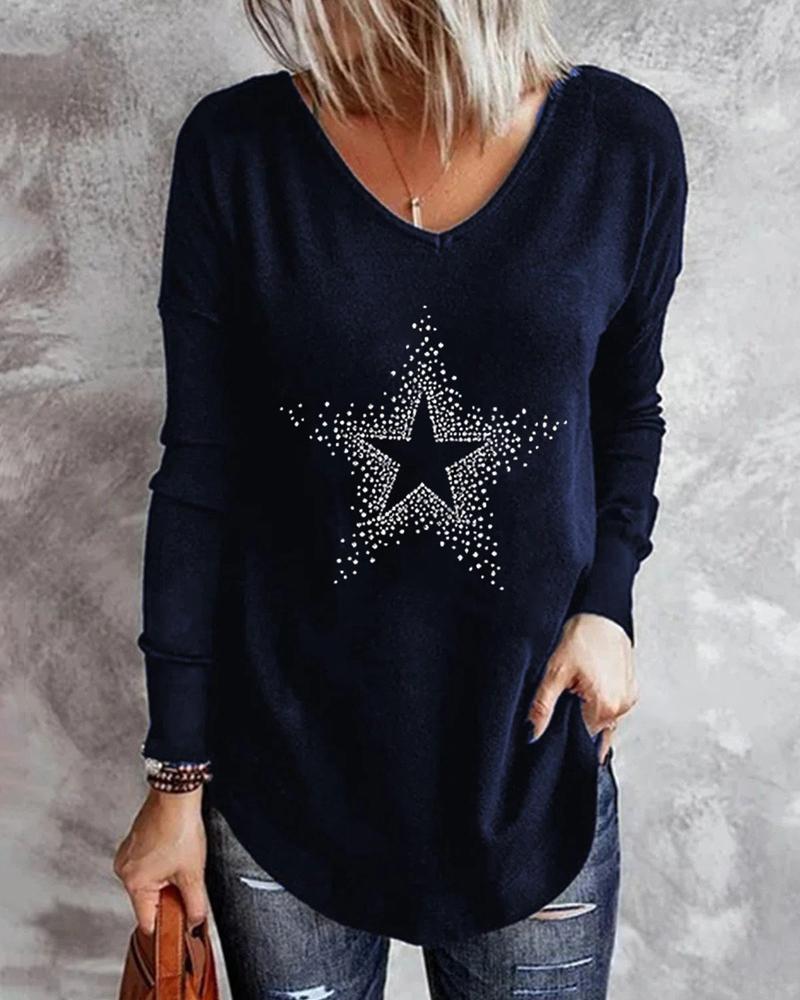 

Star Pattern Long Sleeve Top, Blue