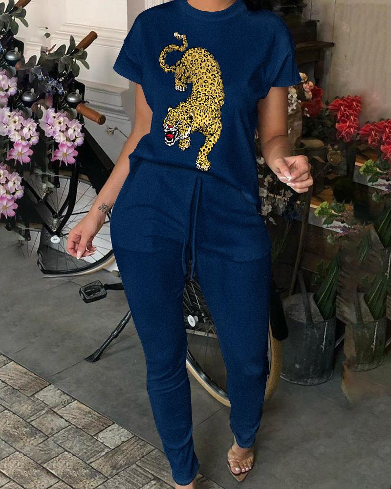 

Leopard Print Casual Top & Drawstring Pants Set, Purplish blue