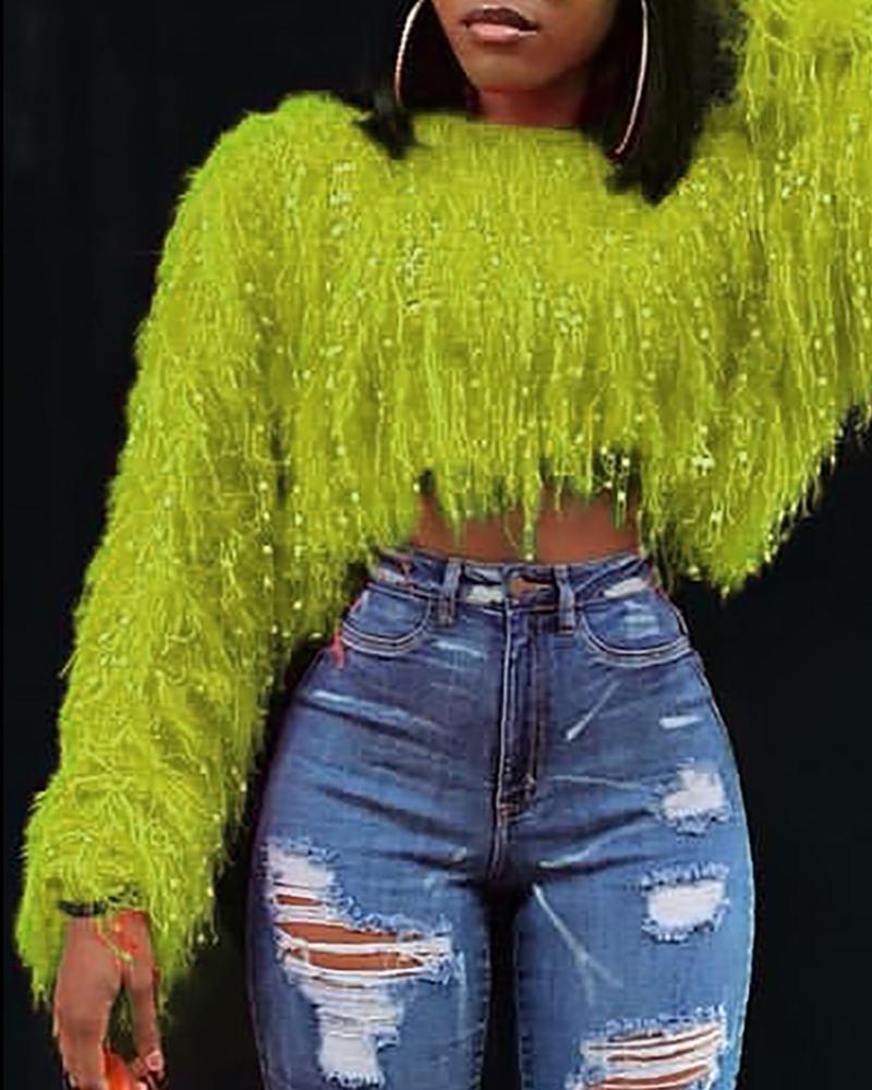 

Solid Round Neck Fringed Fluffy Crop Sweater, Green