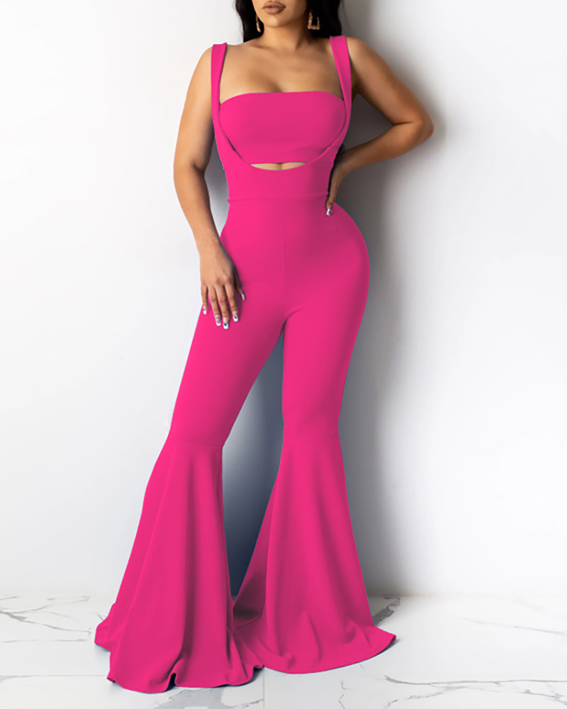 

Solid Bandeau Top & Bell-bottomed Jumpsuit Set, Hot pink