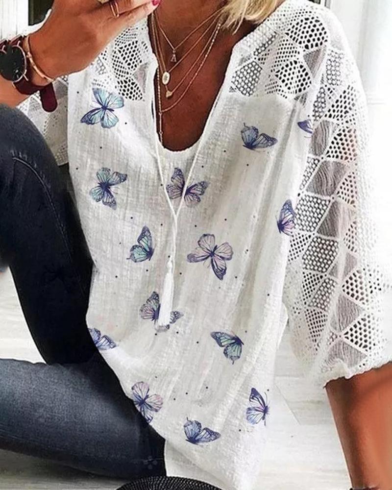 

Butterfly Print Contrast Lace Top, White