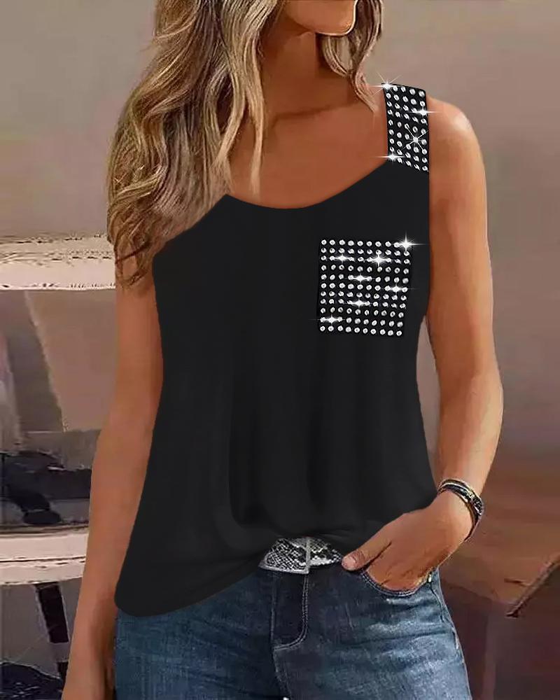 

Rhinestone Decor Pocket Design Tank Top, Black