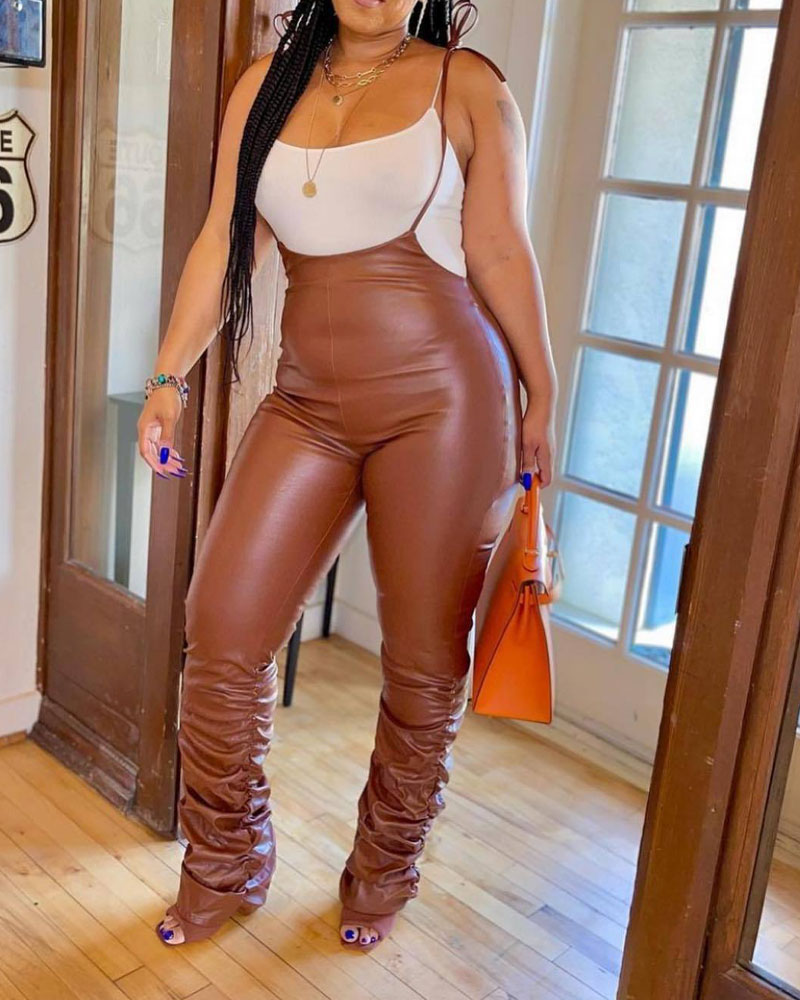 

PU Leather Knot Shoulder Stacked Suspender Jumpsuit, Coffee