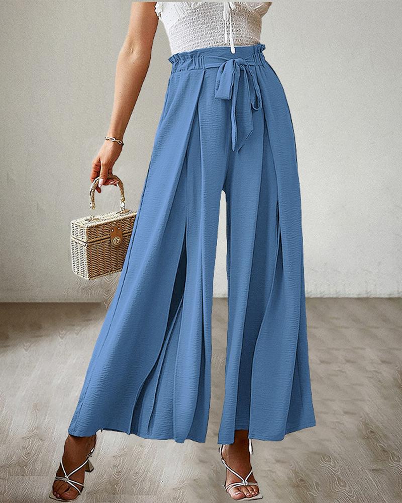 

Tie Front Pleated Design Wide Leg Pants, Blue