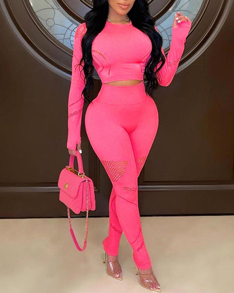 

Hollow-out Crop Top & High Waist Pants Set, Hot pink