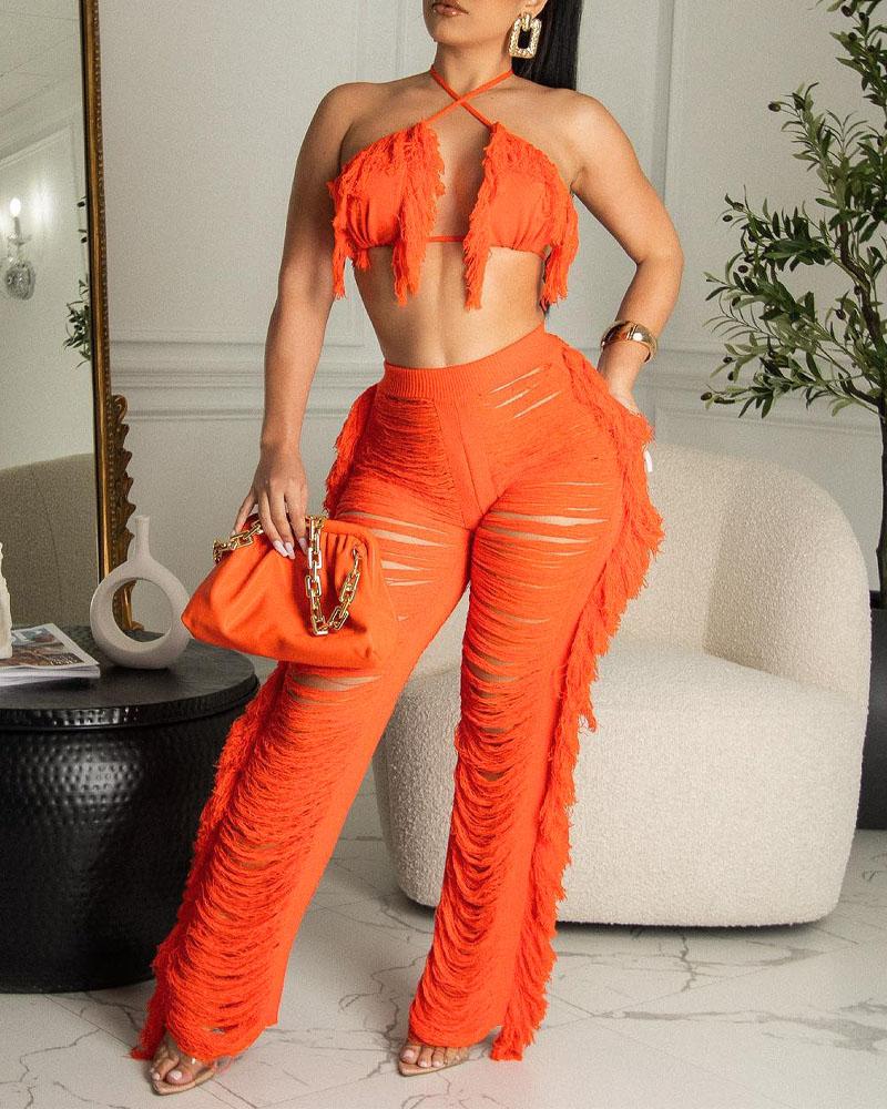 

Fringe Trim Halter Top & Ripped Pants Set, Orange
