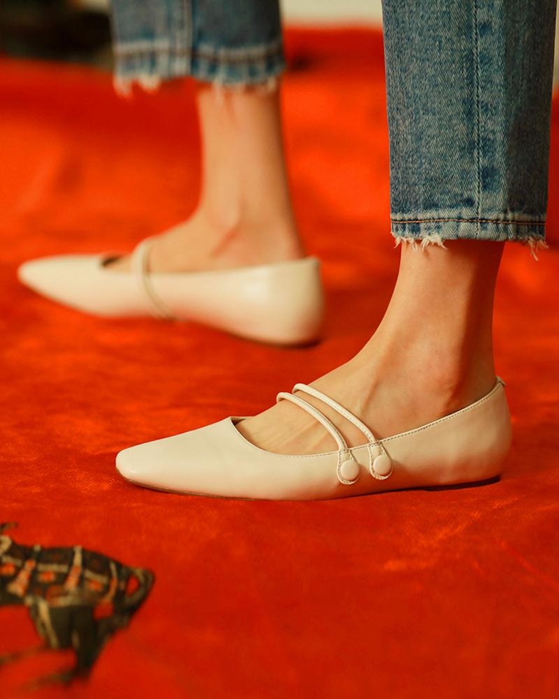 

Double Strap Square Toe Mary Jane Flats, Beige
