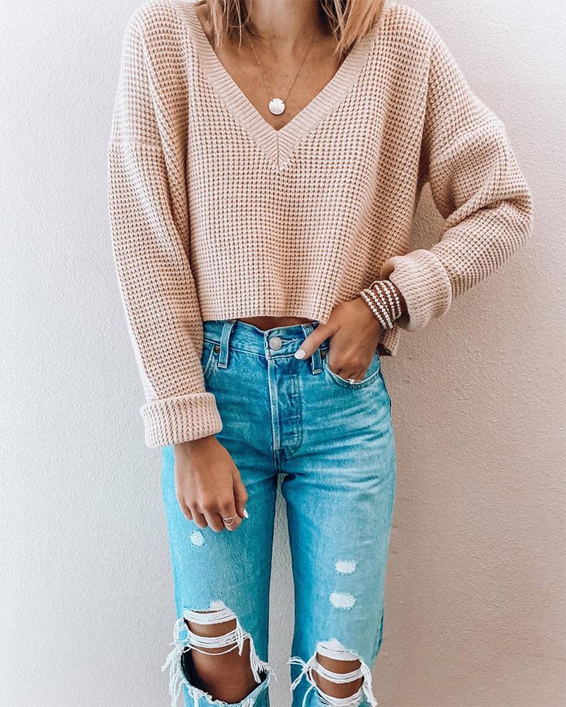 

Solid Comfy V-neck Basic Knit, Apricot