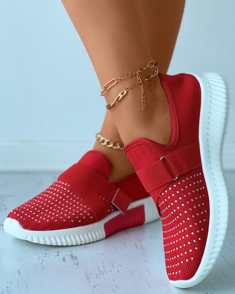 

Rhinestone Decor Velcro Knit Breathable Sneaker, Red