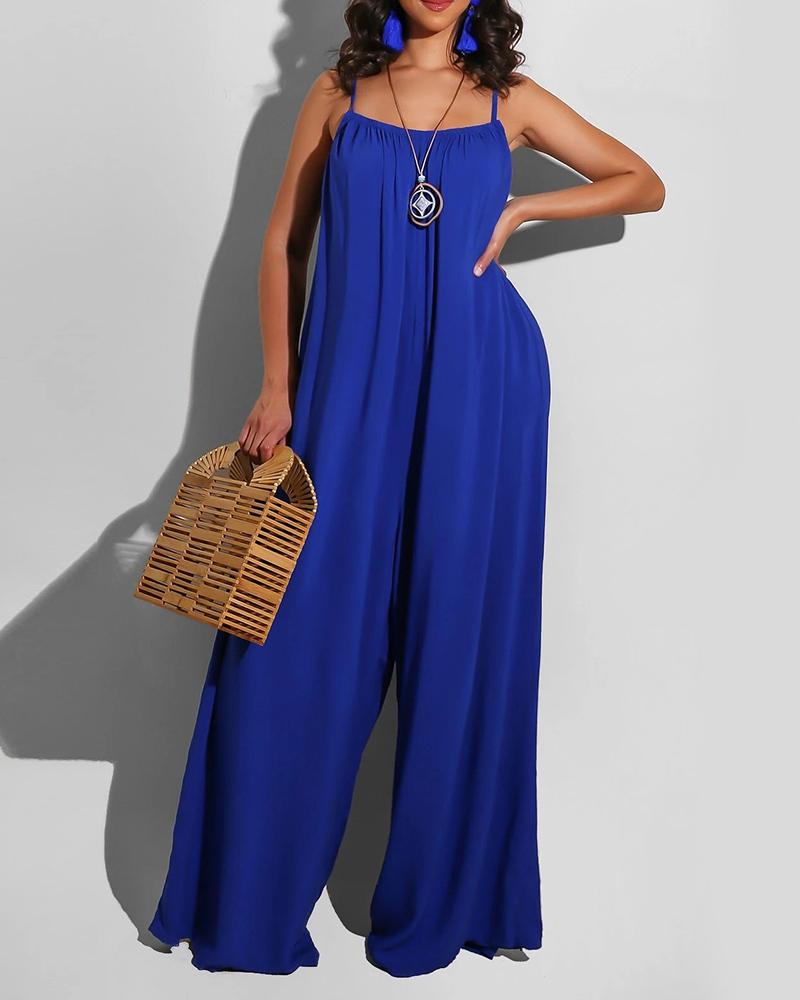 

Spaghetti Strap Square Neck Plain Jumpsuit, Blue