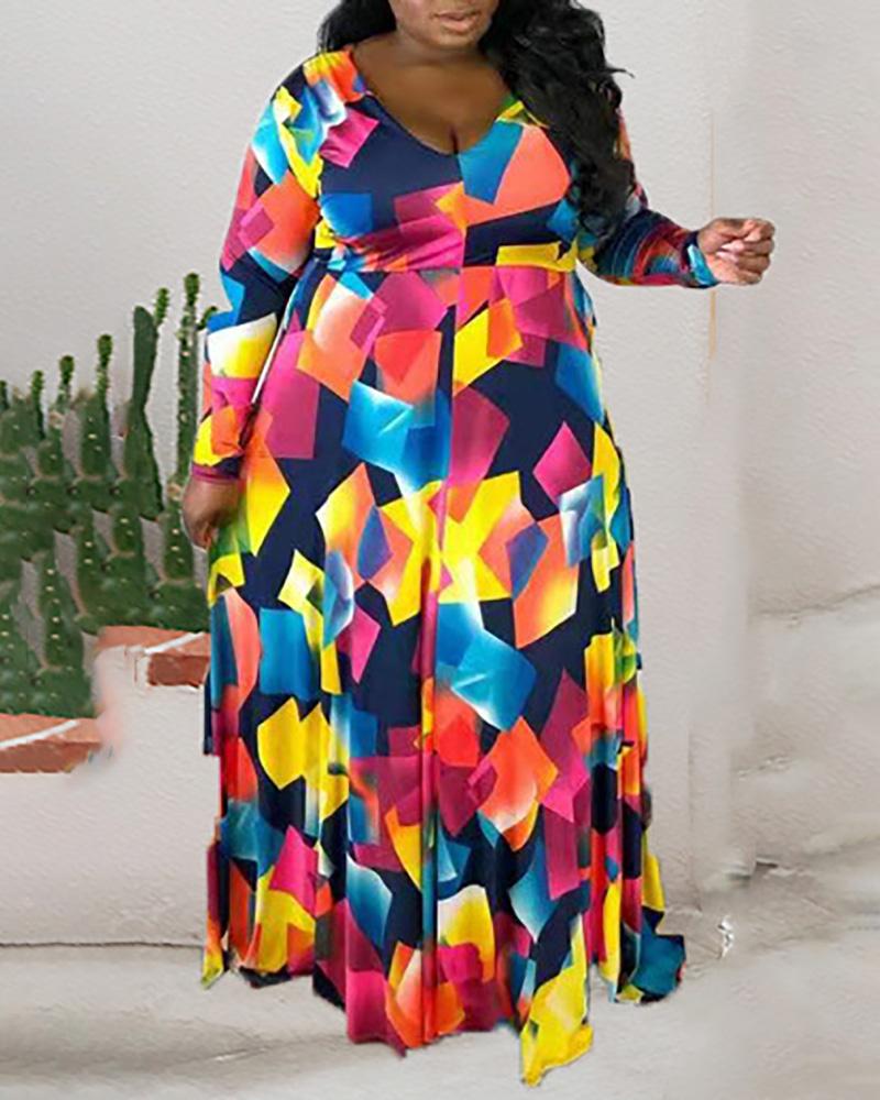 

Plus Size Geo Pattern Print Long Sleeve Maxi Dress, Multicolor