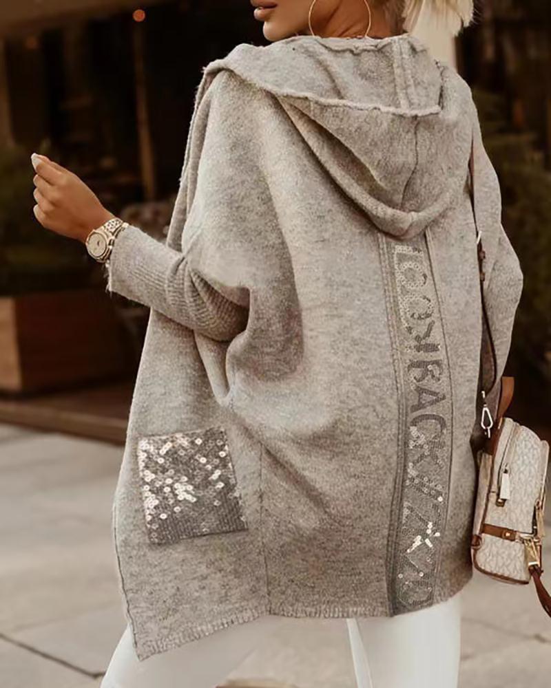 

Letter Pattern Sequins Pocket Design Hooded Cardigan, Light gray