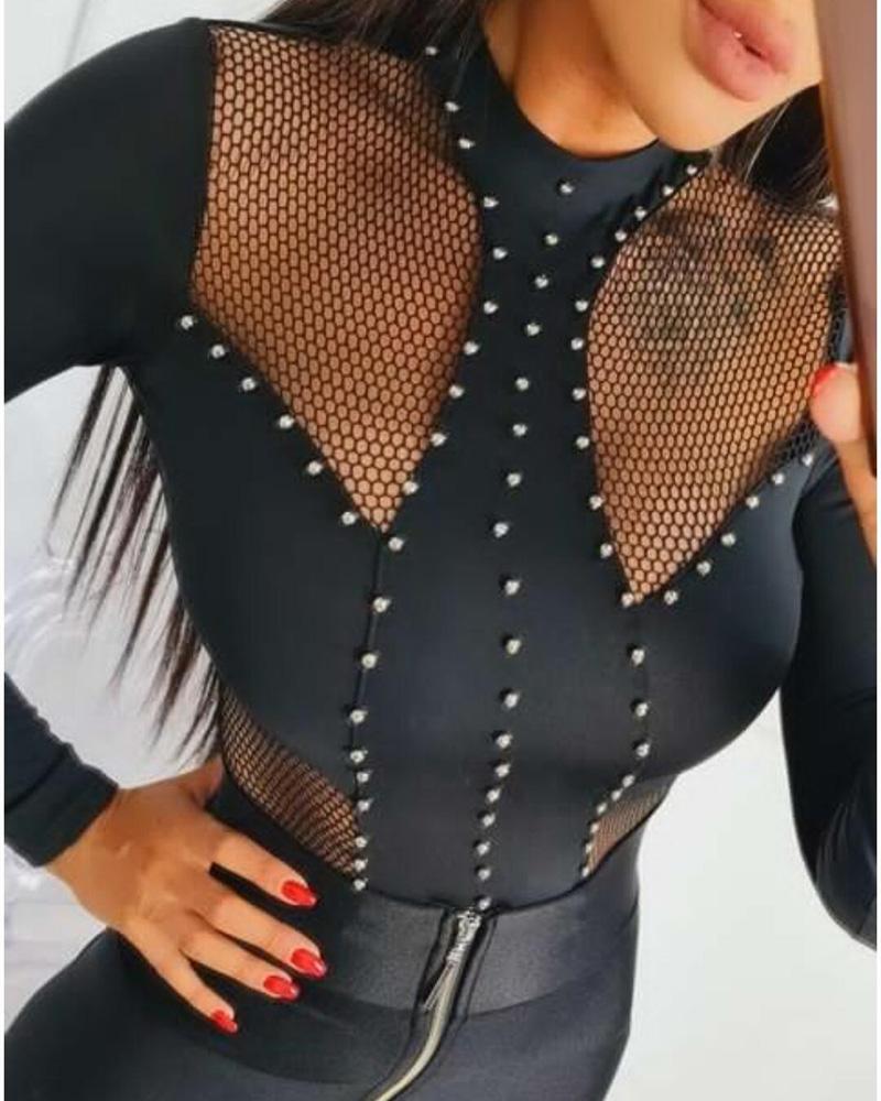 

Beaded Contrast Fishnet Long Sleeve Top, Black