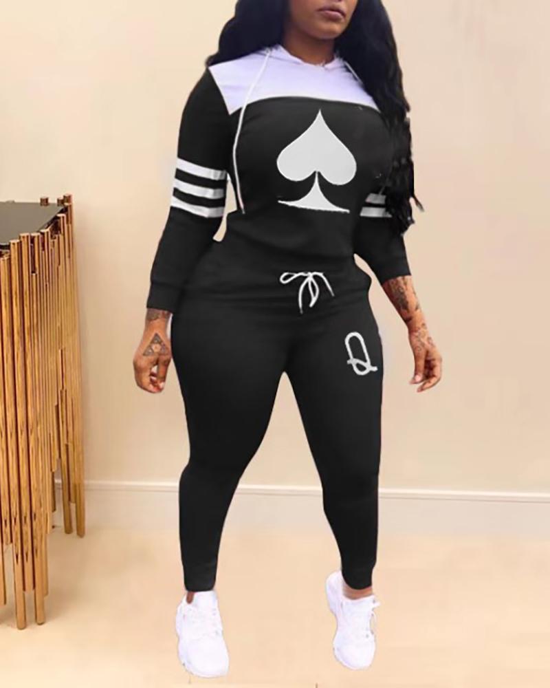 

Poker Print Striped Hooded Top & Drawstring Pants Set, Black