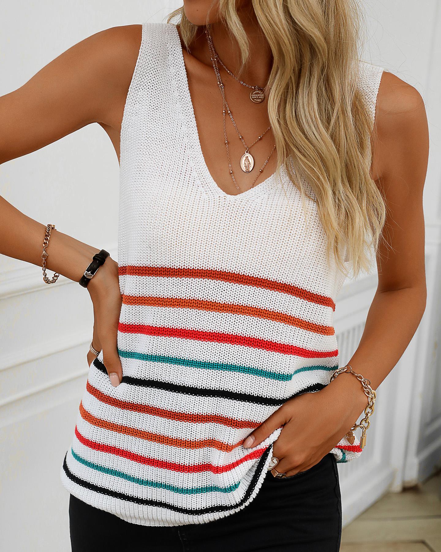 

Striped V-Neck Knitted Tank Top, White