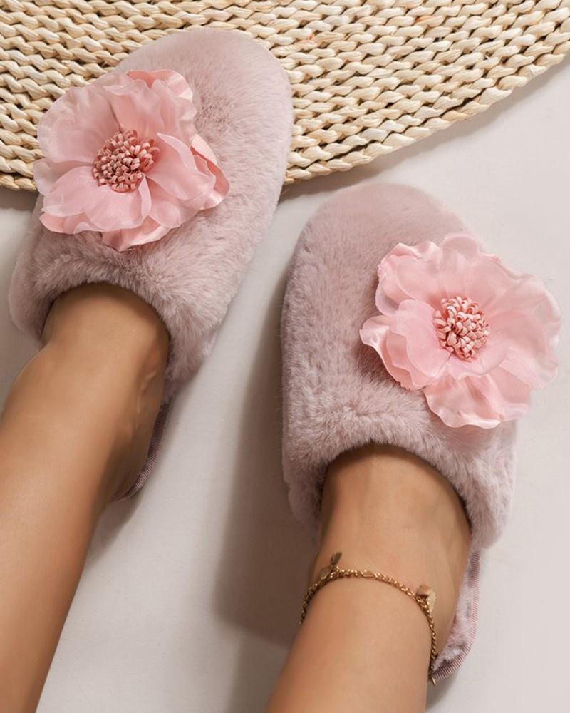 

Round Toe Floral Pattern Fuzzy Slippers, Pink