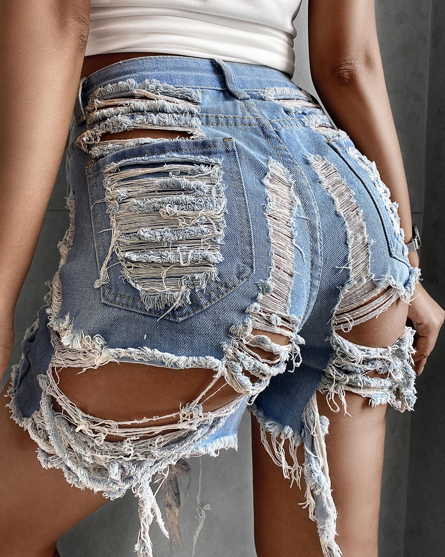 

Zipper Design Ripped Denim Shorts, Blue