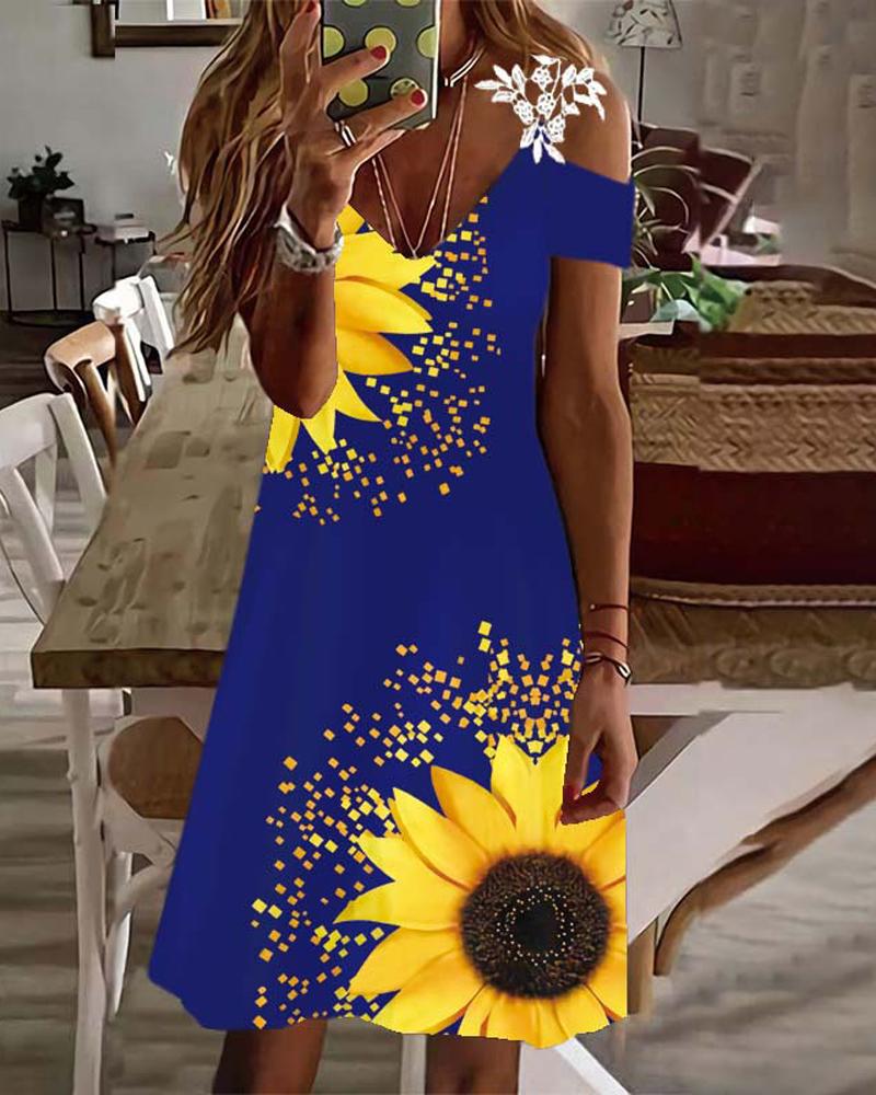 

Sunflower Print Contrast Lace Cold Shoulder Casual Dress, Blue