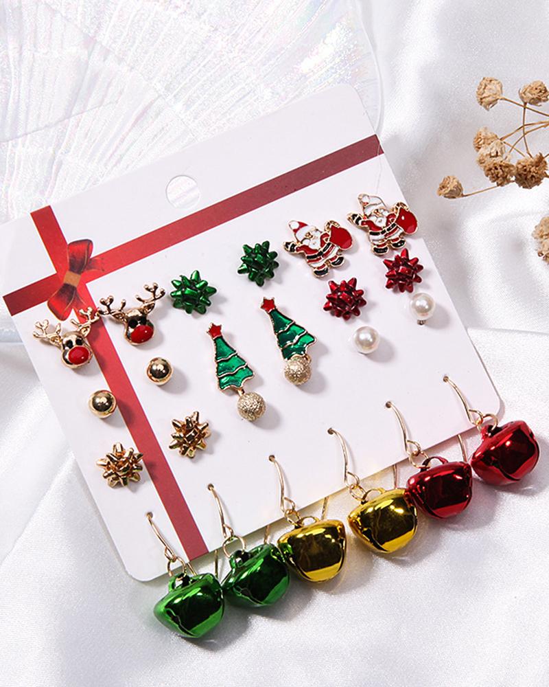 

12Pairs Christmas Tree Santa Elk Jingle Bell Snowflake Drop Earrings Set, Green