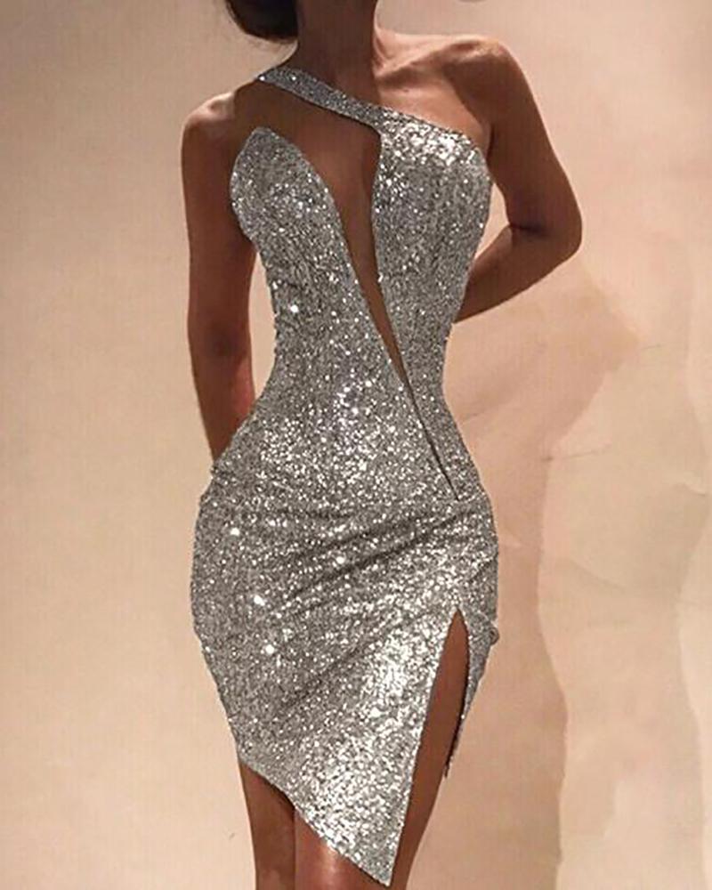 

One Shoulder Cut Out Slit Bodycon Sequin Dress, Silver