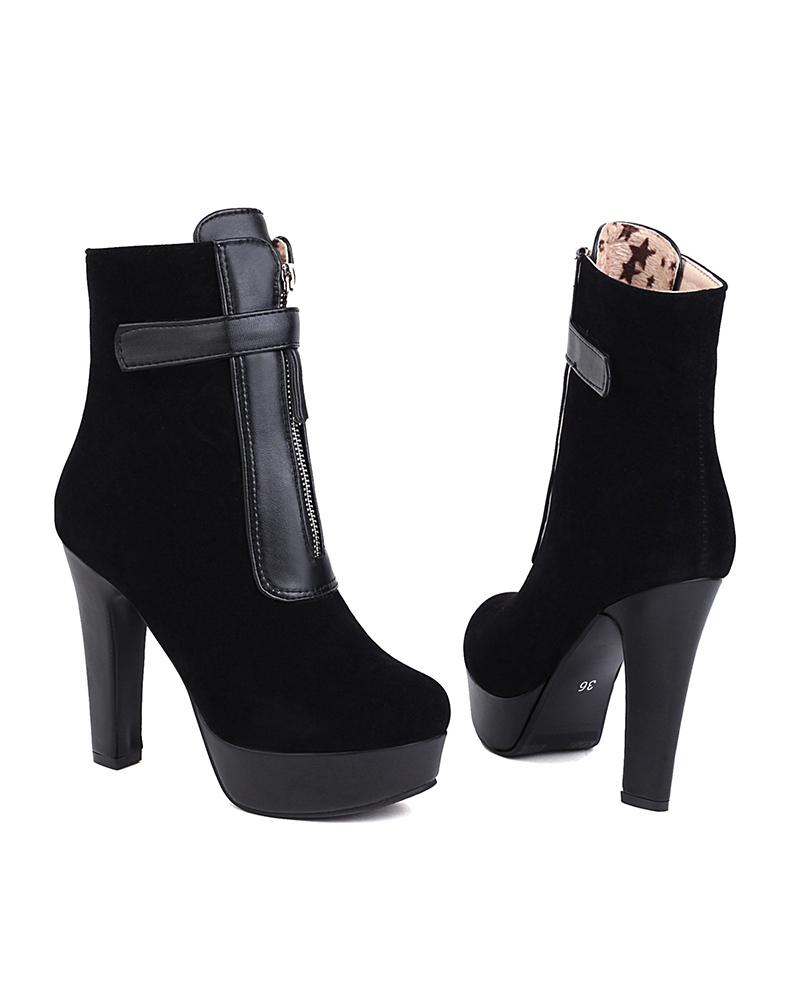 

Round Toe Zipper High Heel Boots, Black