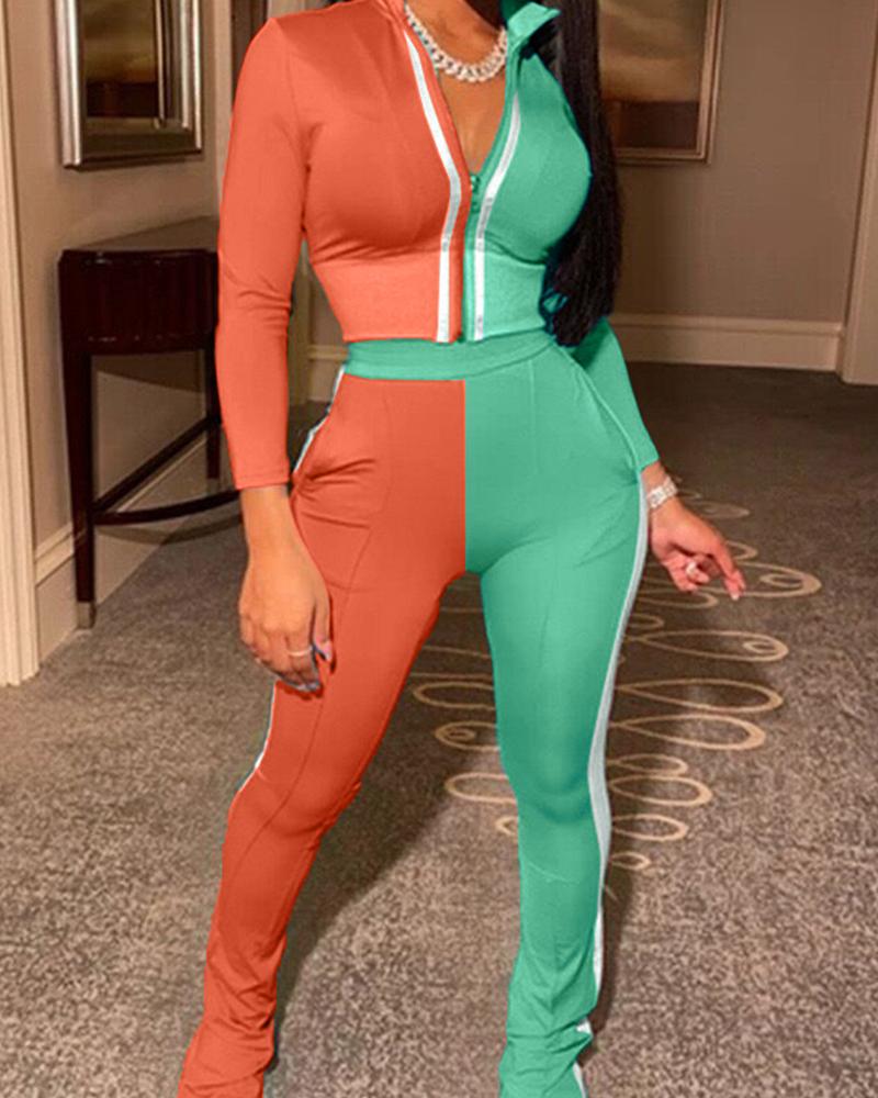 

Colorblock Long Sleeve Suit Sets, Orange