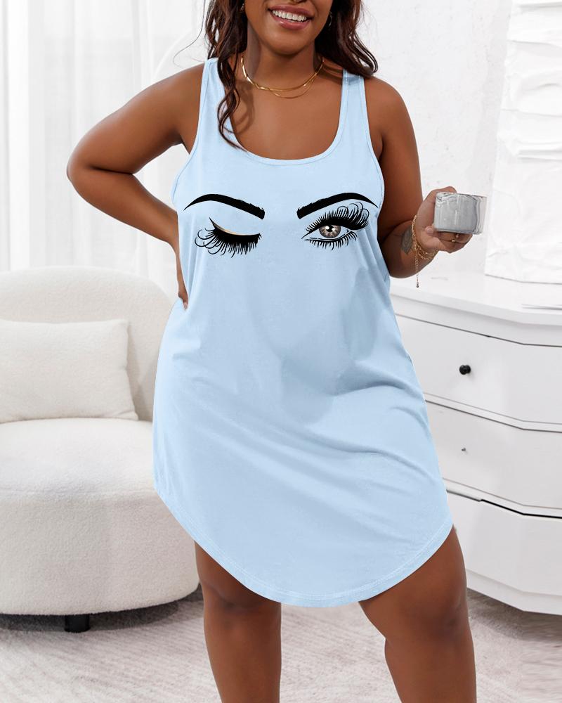 

Plus Size Figure Print U-Neck Sleeveless Sleep Dress, Blue