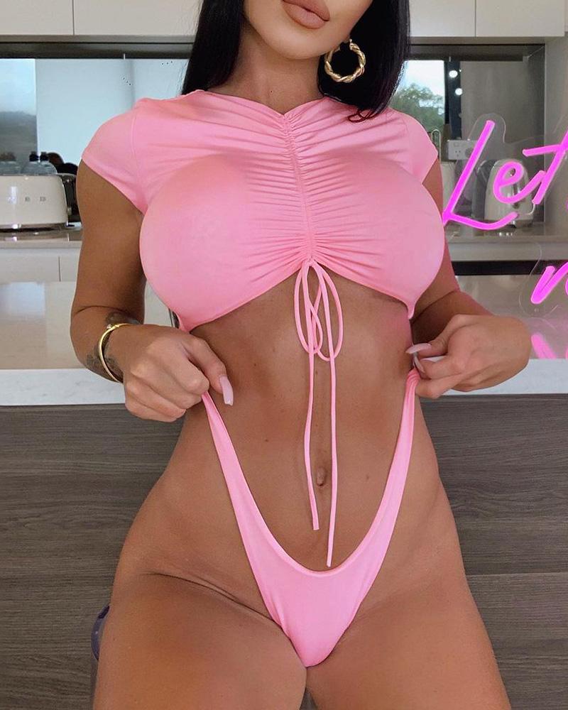 

Drawstring Ruched Crop Top & Panty Bikini Sets, Pink