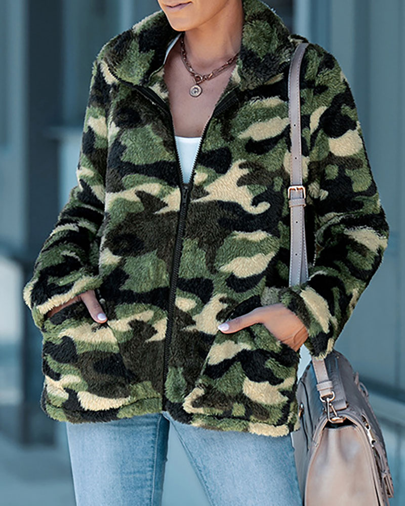 

Camouflage Print Pocket Zipper Design Teddy Coat, Army green