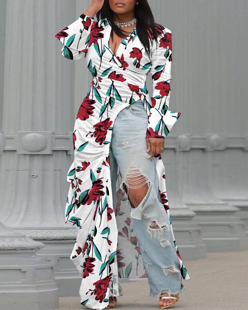 

Plus Size Floral Print Ruched High Slit Longline Top, White