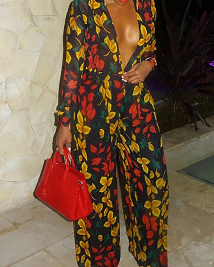 

Leaf Print Deep V Belted Jumpsuit, Multicolor