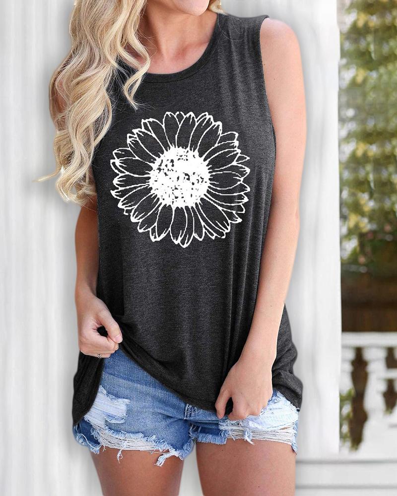 

Daisy Print Casual Tank Women Top, Dark grey