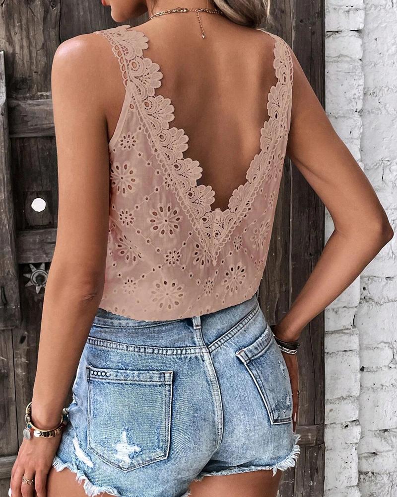 

Eyelet Embroidery Backless Guipure Lace Tank Top, Pink