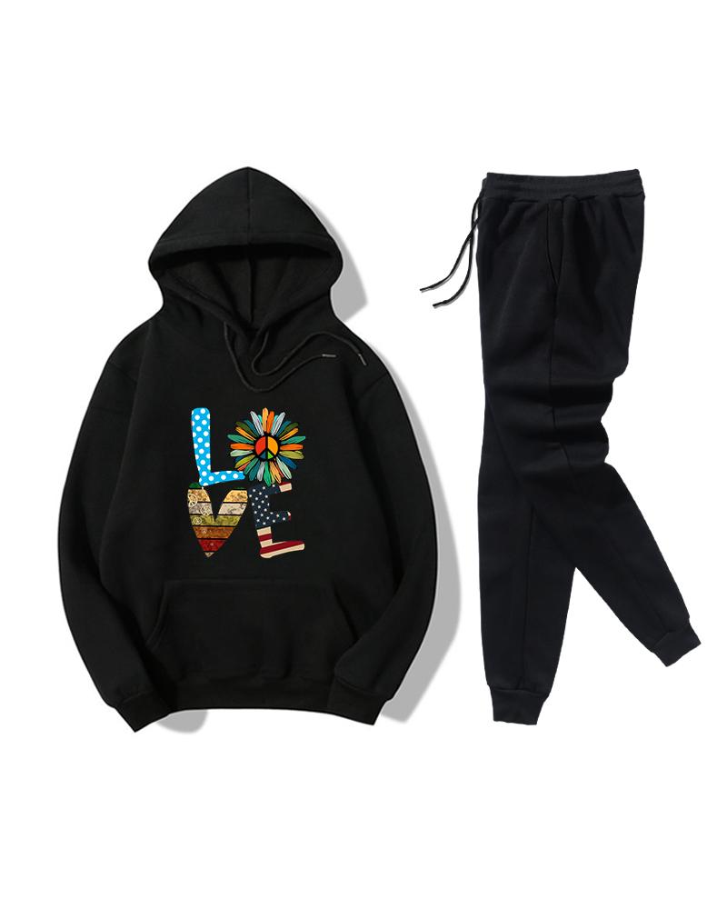 

Print Long Sleeve Loose Hoodies Sweatshirts, Black
