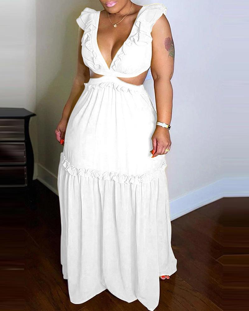 

Flutter Sleeve Backless Ruched Chiffon Lace-up Dress, White